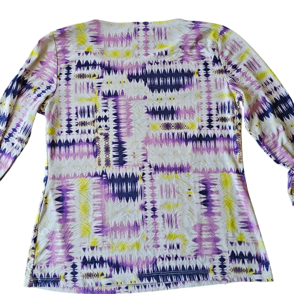 JM Collection Womens Petite Small Purple Yellow Abstract Ikat 3/4 Sleeve Top EUC